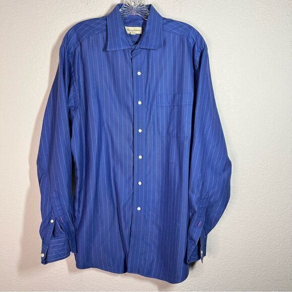 Tommy Bahamma Blue Stripes Long Sleeve Cotton Button Down Shirt Mens Size 16 1/2 - Picture 1 of 7